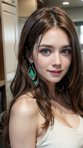 White woman, 35 years old, Brown hair, long hair, messy hair, Nice face, simetric face, Green eyes, Nice body, babysitter, smile, earrings 