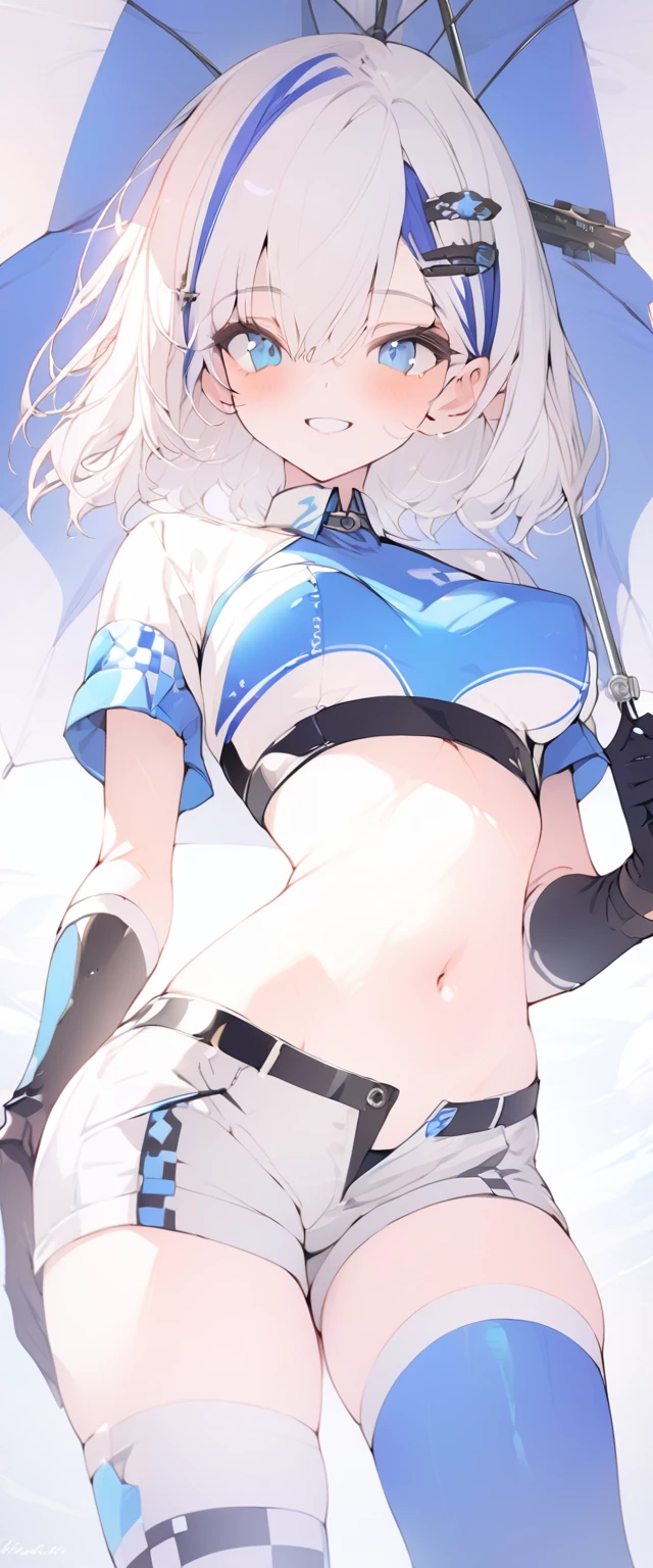 beautiful, masterpiece, Highest quality, anime, One girl, C Cup,Portrait Shot, View your viewers, Intricate details,>,((Covered、Short Hair、nearby、Blue Eyes、art、、White hair,Blue streaked hair、wallpaper、、hairpin、smile、Thighs、navel、Plainer_Race Queen、Plainer_Gloves、Plainer_Knee-high boots、Parasol、work、Plainer_Shorts