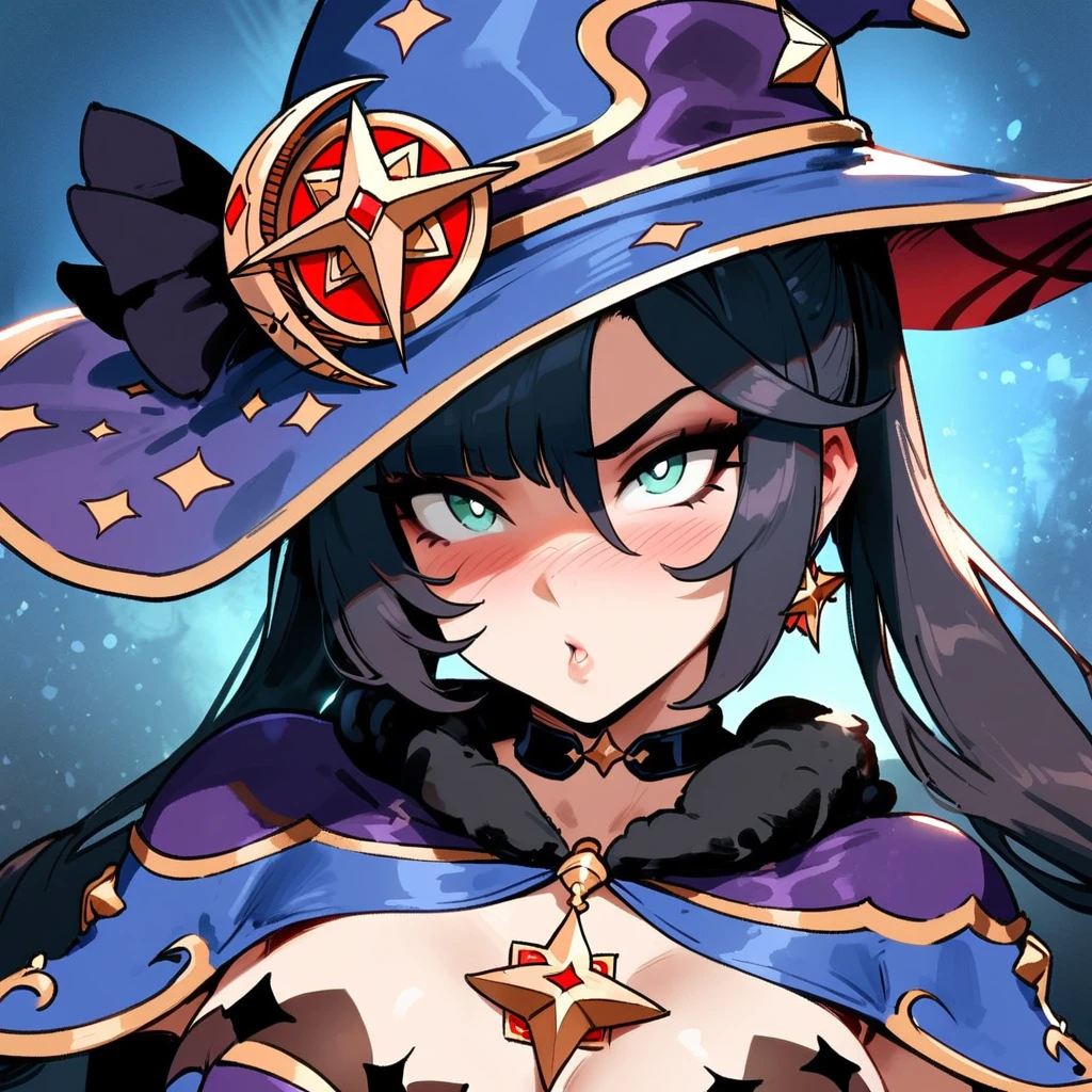 1girl, mona \(genshin impact\), genshin impact \\\\\ masterpiece, best quality, very aesthetic, absurdres, newest \\\\\\ slim body,///// ,by nyantcha,cutesexyrobutts , by khyle,,////// ,,solo,, , ,,detailed face, , ,, , , wallpaper, , beautiful face, sexy, , blush, , space background, big tits, hat, portrait