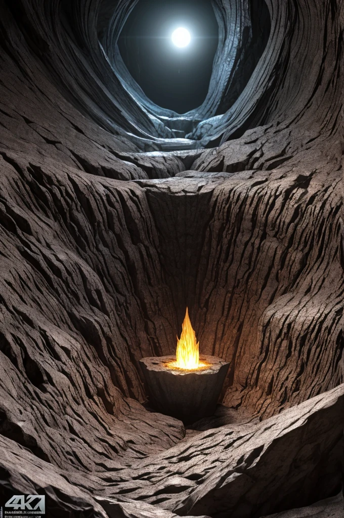 A huge deep abyss made of black stone, incandescent magma, phosphorescent radioactive mineral, it ends in the bottom with a living organic obscurity, abysssanctum, procreation of the wicked, synthetic grotesque,highly detailed, 4k resolution, masterpiece, 3d modelling,digital art, Da Vinci art