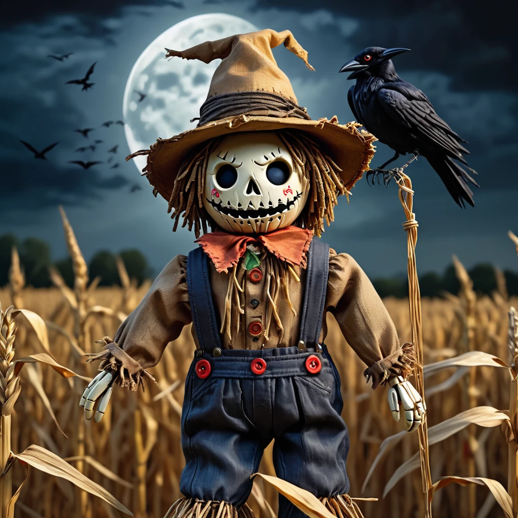 (knitted toy voodoo doll:1.2), (Voodoo Evil Scarecrow:1.3), (Clothing Torn straw shirt, hat with holes, rope suspenders:1.0), (background Gloomy cornfield, full moon, crows on scarecrow:1.3),  best quality, masterpiece, detailed soft oil painting, detailed background, dramatic cinematic lighting, soft edge lighting, professional, dramatic lighting, hard edge lighting, ultra quality, 4k, masterpiece, best quality, 8k, ultra high definition, high definition, extremely detailed
