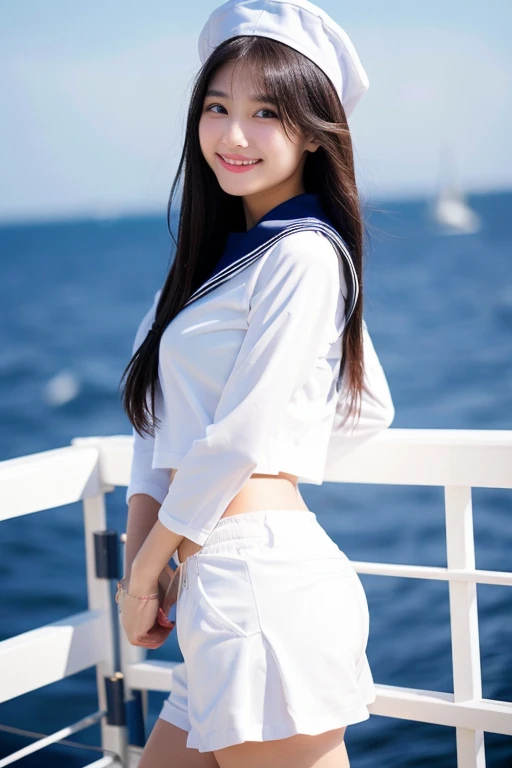 ((best quality)), ((masterpiece)), (detailed), 1girl, beautiful straight black long hair , beautiful smile ,sexy pose ,standing position , white sailor jacket , top crop ,short pants , on the yacht , sea background , sailor hat