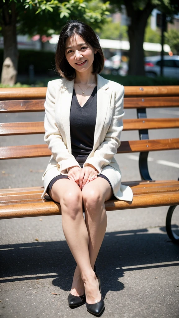 Japanese、60 years old、Middle-aged women、Mature Woman、Mature Woman、Sit on a park bench with your knees apart、Gorgeous dress、Five fingers、smile