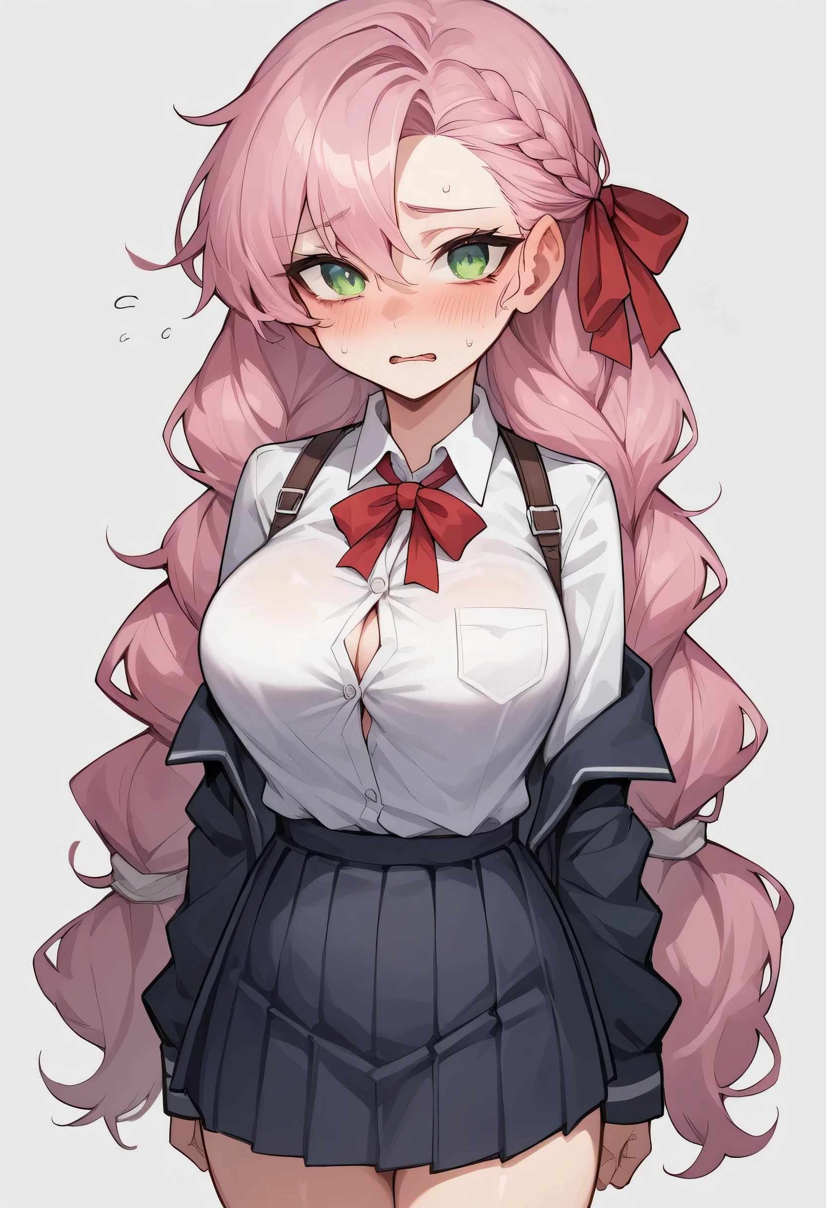 The image is of a beautiful woman wearing a tight fitting black button-up shirt with a short pleated black and white skirt. The school outfit is black with white accents. The woman has long flowing pink hair with strands of braided hair tied with red ribbon throughout. She has gorgeous green eyes that shine like emeralds. Her face is youthful and gorgeous. Her breasts are ample and seem too large for her tight fitting black uniform top. She is short in height but well developed -a short stack. She blushes as you look at her. She's standing in the doorframe to your bedroom. Slightly embarrassed and nervous but also excited to be with you. The image is ultra detailed with gorgeous colors, perfect line work, and detailed shading.