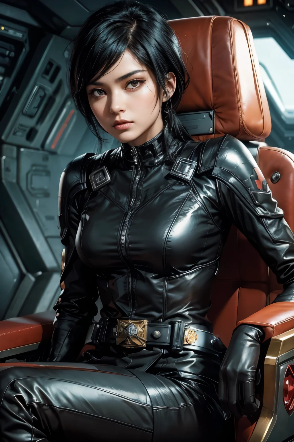 A beautiful woman. Black hair. Twenty-five years old. She has a defiant look on her face. She wears a black metallic battle uniform. There is something on his waist that is reminiscent of Kamen Rider's transformation belt. She's on a space battleship. She is sitting in a luxurious brown leather command seat.