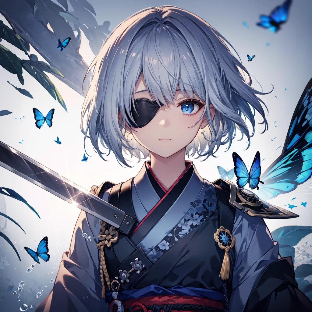 (((1 person Put on an eye patch Gray Hair))) ((High resolution short hair Black kimono Shoulder Rin々Funny face knifeを胸の前で構える)) ((Black Band samurai Lonely despair blue eyes Close-up)) ((Blue Butterfly night Japanese style old Shining Aura garden water surface Catch the wind)) (dance 日本knife knife Slashing) 月night moonlight star Draw your sword Shining Background Shining Edge