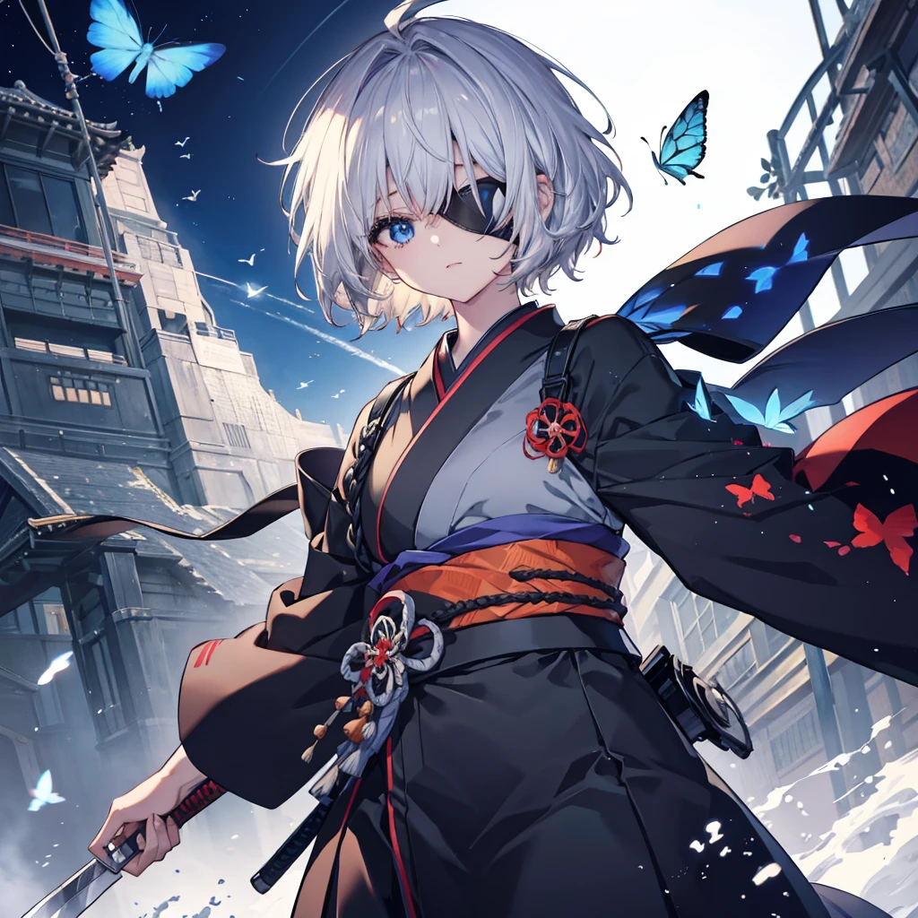 (((1 person Put on an eye patch Gray Hair))) ((High resolution short hair Black kimono Shoulder Rin々Funny face knifeを胸の前で構える)) ((Black Band samurai Lonely despair blue eyes Close-up)) ((Blue Butterfly night Japanese style old Shining Aura garden water surface Catch the wind)) (dance 日本knife knife Slashing) 月night moonlight star Draw your sword Shining Background Shining Edge