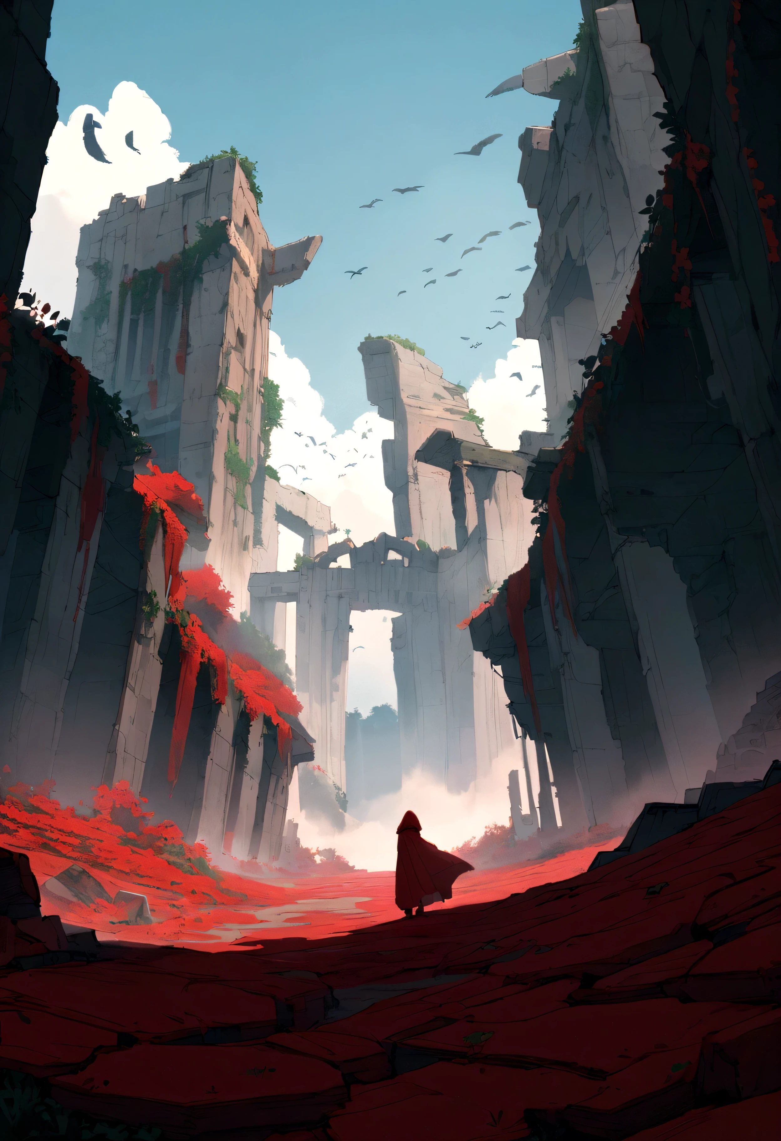 In a world after civilization has collapsed、A row of weathered ruins.,Standing there,Red long dress, Red Hood, A lot of red clothes are flying in the air, high quality, 8K