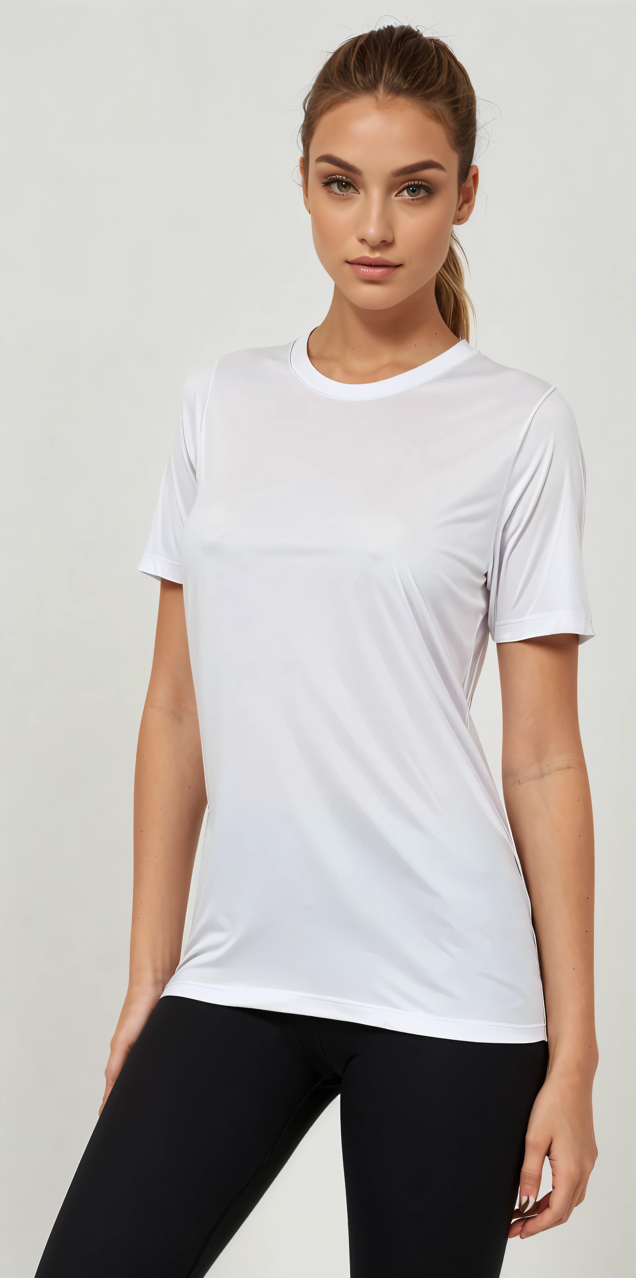 a woman in a camisa branca and black leggings poses for a picture, camiseta branca, plain camiseta branca, camiseta branca, camiseta branca, vestido com uma camiseta branca, dressed in a camiseta branca, vestindo uma camiseta, camisa branca, Roupas brancas, fine camisa branca, Topo branco, wearing a camisa branca, wearing camisa branca