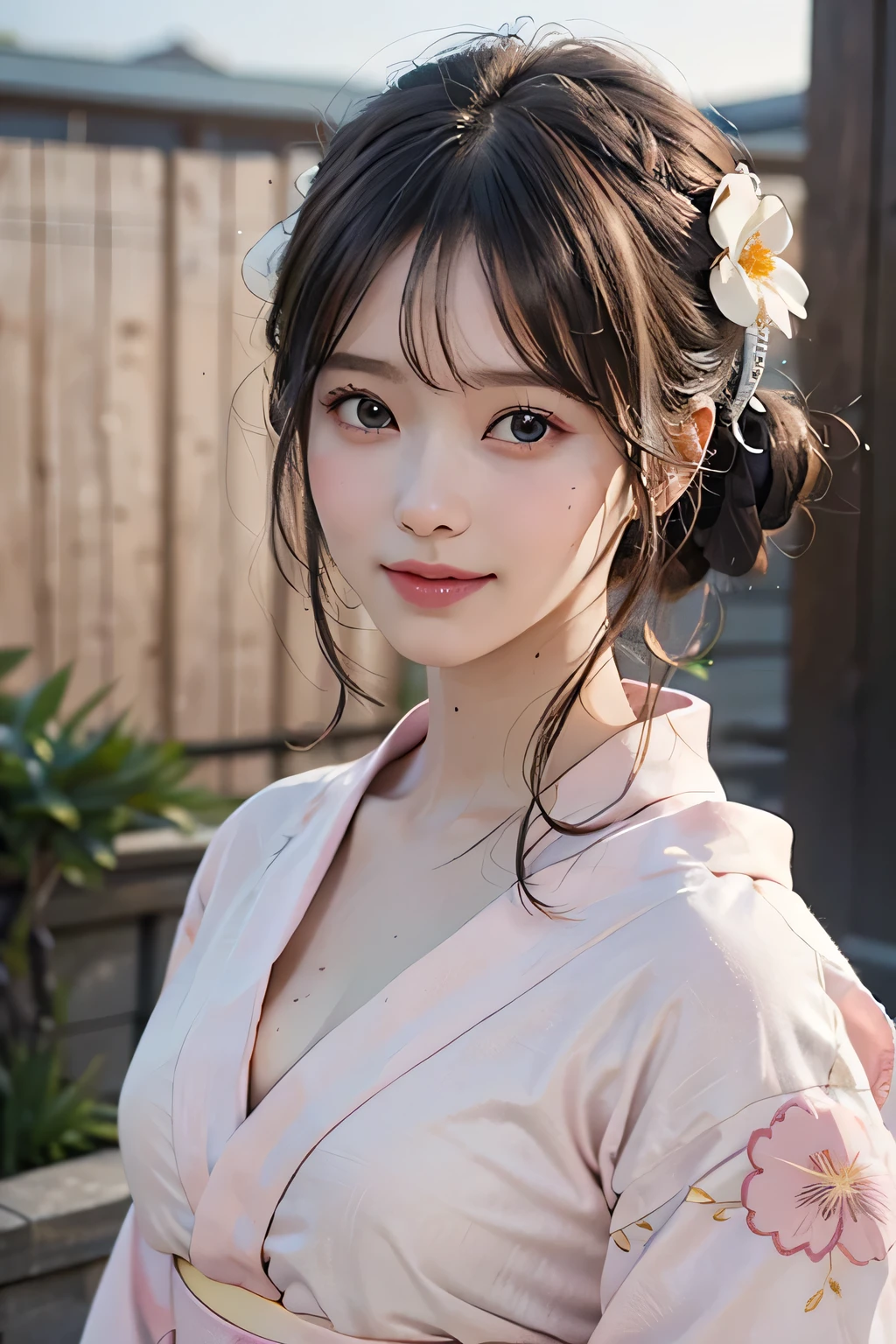 (1young girl), Extremely cute face, Amazing face and eyes, (Highly detailed eyes, Highly detailed face), fresh, Very clean appearance, (Hyper-realistic, hight resolution), (Best Quality:1.4), Raw photo, (Realistic, Photorealsitic:1.37), Professional Photography, (light pink floral pattern yukata:1.5), (Open yukata), (cleavage:1.2), (Bare shoulders), Smile slightly, (Staring at me), Bedroom, girl portrait,