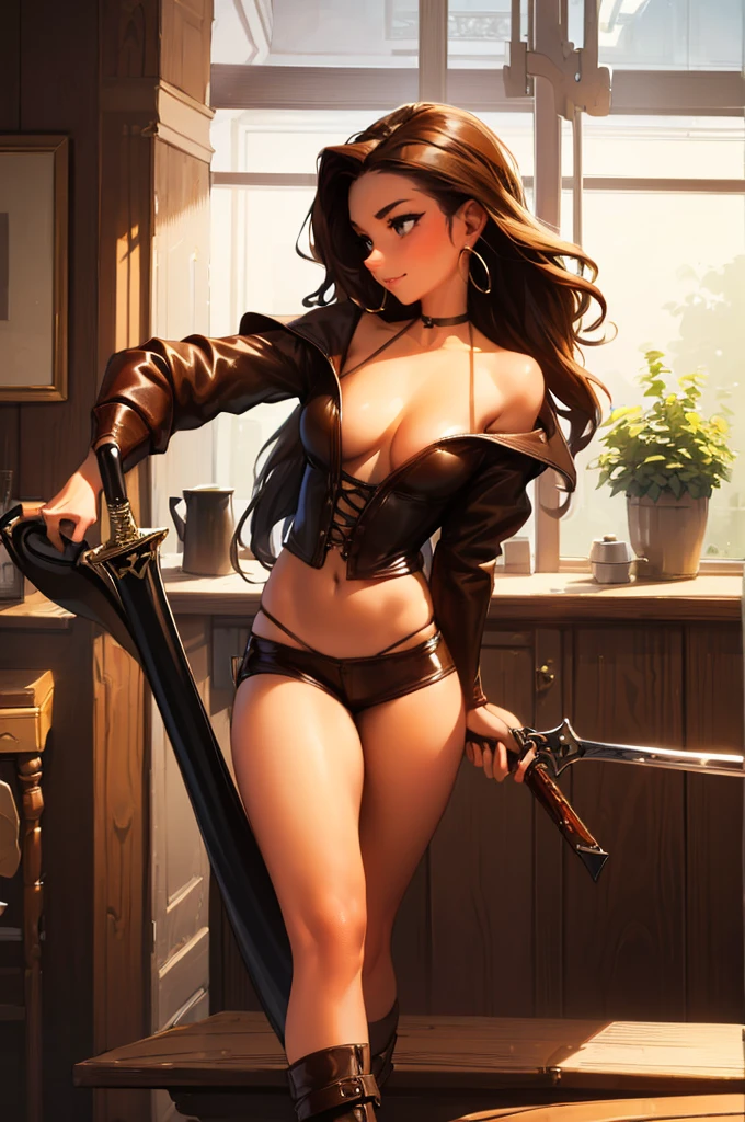 (masterpiece), best quality, expressive eyes, perfect face, (tavern background), (standing), (smirk), (closeup view), (1girl, vanessa alessia, dark skin, tanned skin, brown hair, wavy hairstyle, brown eyes, hourglass figure, thin body, skinny body, petite_body, medium breasts, thick thighs, long fingernails, white front lace blouse, long sleeve, loose fit, brown leather corset, brown leather shorts, brown boots, sheathed cutlass sword, flintlock pistol in holster, hoop earrings, miscellaneous jewelry),  big breasts, stripping, elegant makeup, exhibitionism, naked in public, , slim thighs, toned body, shiny skin, sexy pose,narrow hips, wearing high hip thong and see-through top, amber eyes, (((girl stripping on table))) extendeddownblouse_v10