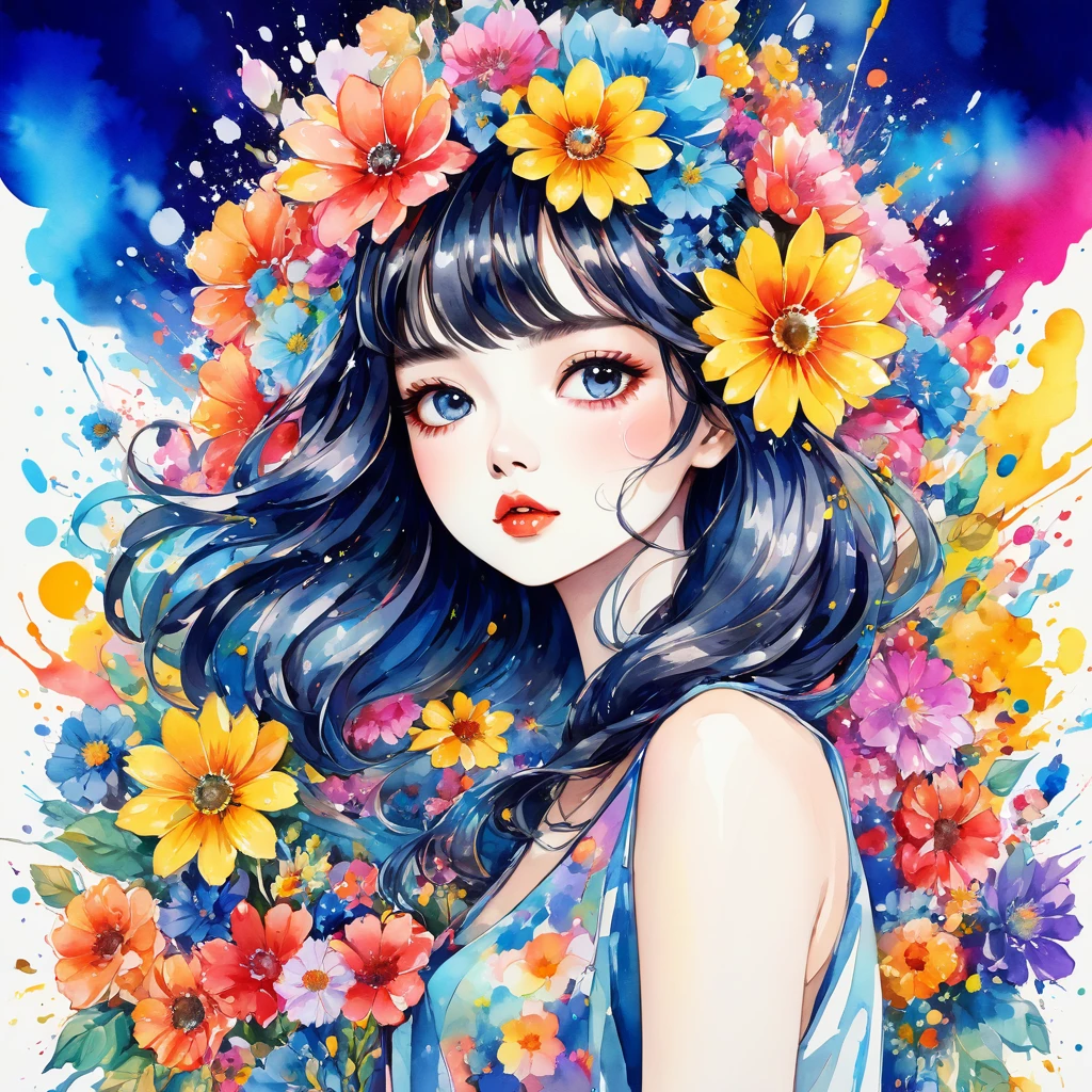 Mai Yoneyama Style、(((stylish fashion))), 8K Quality、Intense watercolor, Detailed watercolor art, Watercolor splash, Surreal, avant-garde pop art, Beautiful and expressive paintings, Beautiful artwork illustration, Very colorful tones, wonderful, Cool beauty, highest quality、Official Art, Vector art, Stylish design, (((The most beautiful girl))), (((highest quality))), HDR, ((detailed)), (((Doodle Art)), ((masterpiece)), ((Super detailed)), (((Colorful flowers))), colorful hearts, (((Stylish))), Lips in love