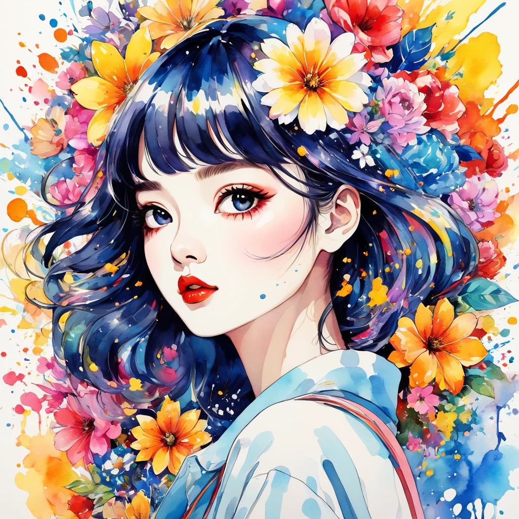 Mai Yoneyama Style、(((stylish fashion))), 8K Quality、Intense watercolor, Detailed watercolor art, Watercolor splash, Surreal, avant-garde pop art, Beautiful and expressive paintings, Beautiful artwork illustration, Very colorful tones, wonderful, Cool beauty, highest quality、Official Art, Vector art, Stylish design, (((The most beautiful girl))), (((highest quality))), HDR, ((detailed)), (((Doodle Art)), ((masterpiece)), ((Super detailed)), (((Colorful flowers))),(((Stylish))),