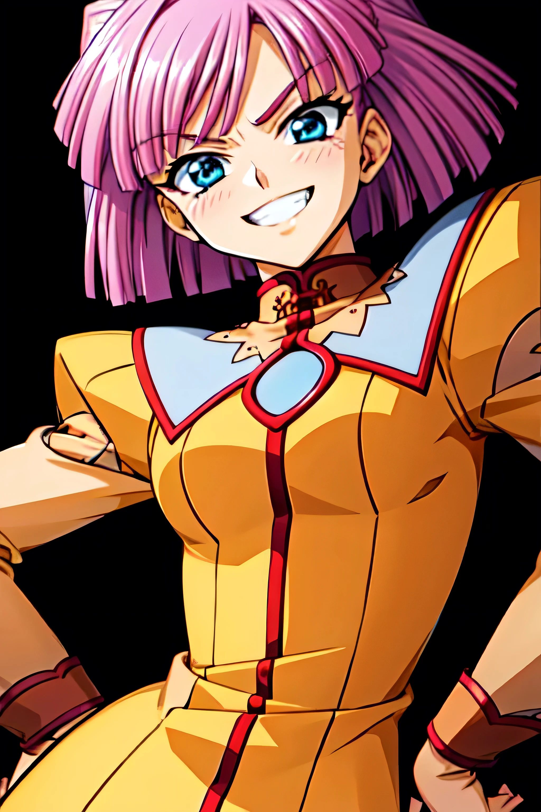(best_quality 4K, 8K, High resolution, Masterpiece: 1.2), ultra detailed),from_below,(anime_screencap),(1girl,solo),dynamic_angle,too evil_smile,too evil laugh at,tis,deep dark_face,too sadistic,smile worst,,bob short hair,,,looking at viewer,upper body,black background,too worst smile,