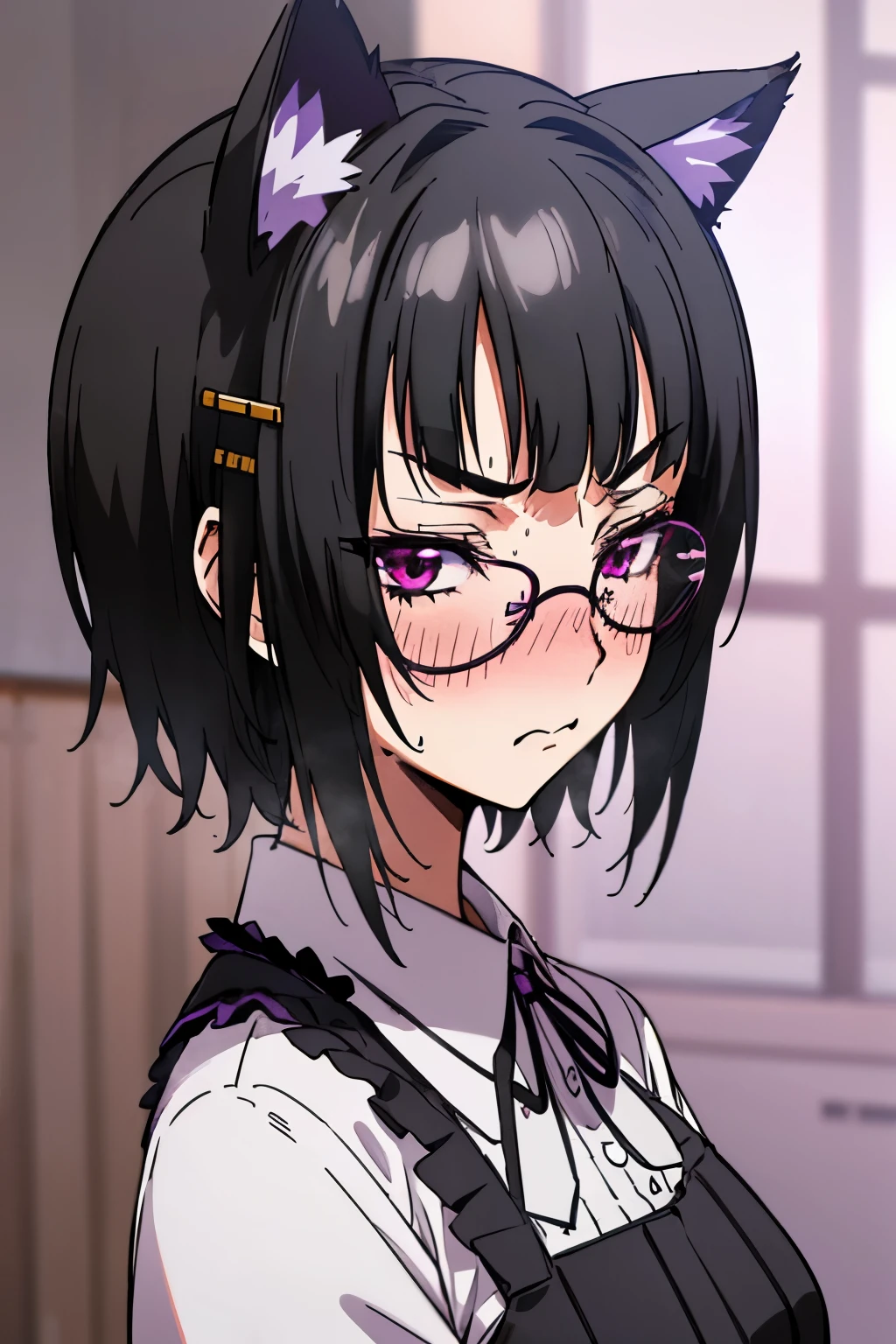 a girl, souna sitri, short hair, black hair, hair ornament, glasses, hairclip, bangs, blunt bangs, (purple eyes:1.1), cute, frills, laces, cat ears, angry, ((nose blush)), thee-through, wet, (sweat), bedroom,