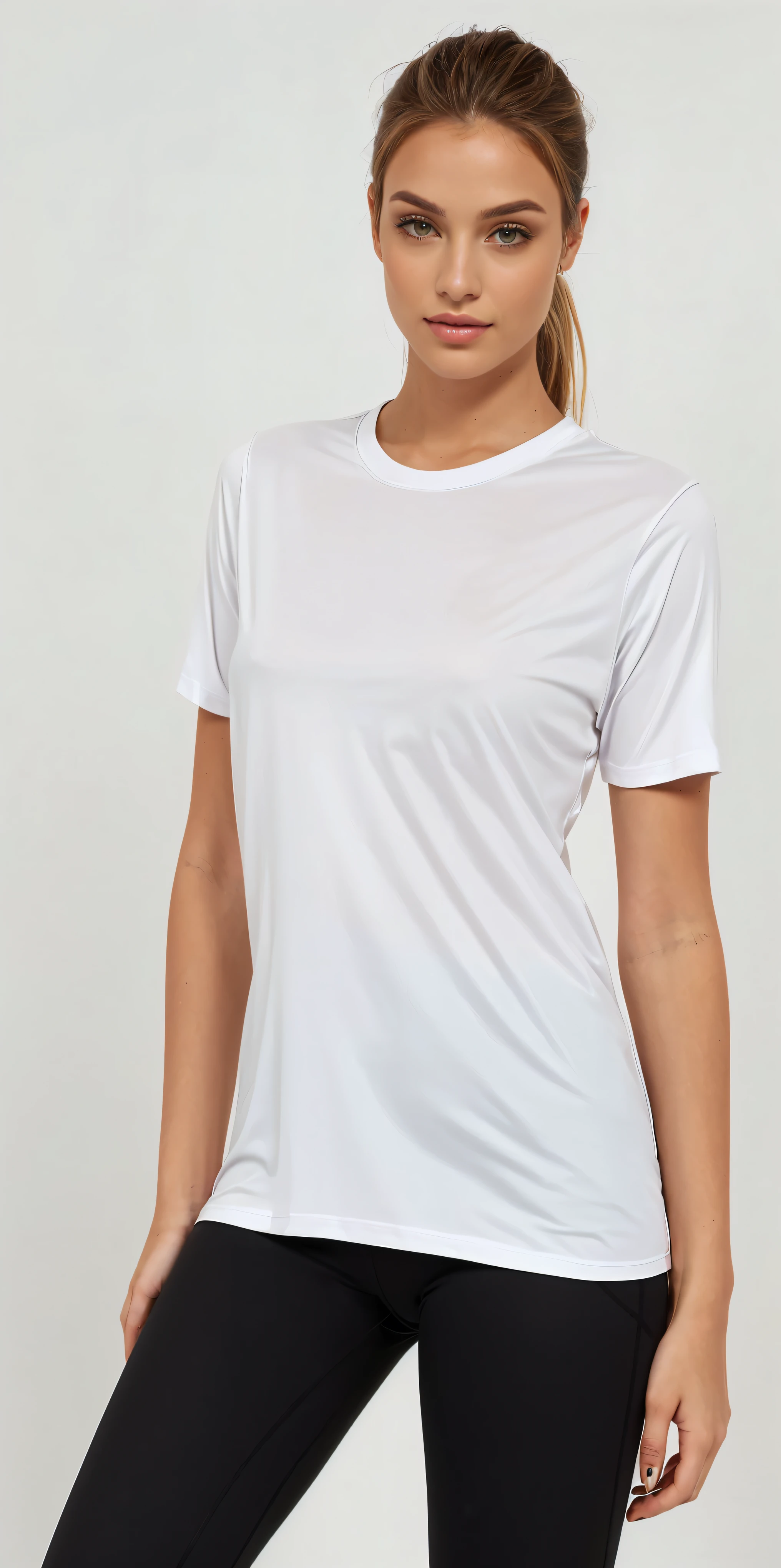 a woman in a camisa branca and black leggings poses for a picture, camiseta branca, plain camiseta branca, camiseta branca, camiseta branca, vestido com uma camiseta branca, dressed in a camiseta branca, vestindo uma camiseta, camisa branca, Roupas brancas, fine camisa branca, Topo branco, wearing a camisa branca, wearing camisa branca