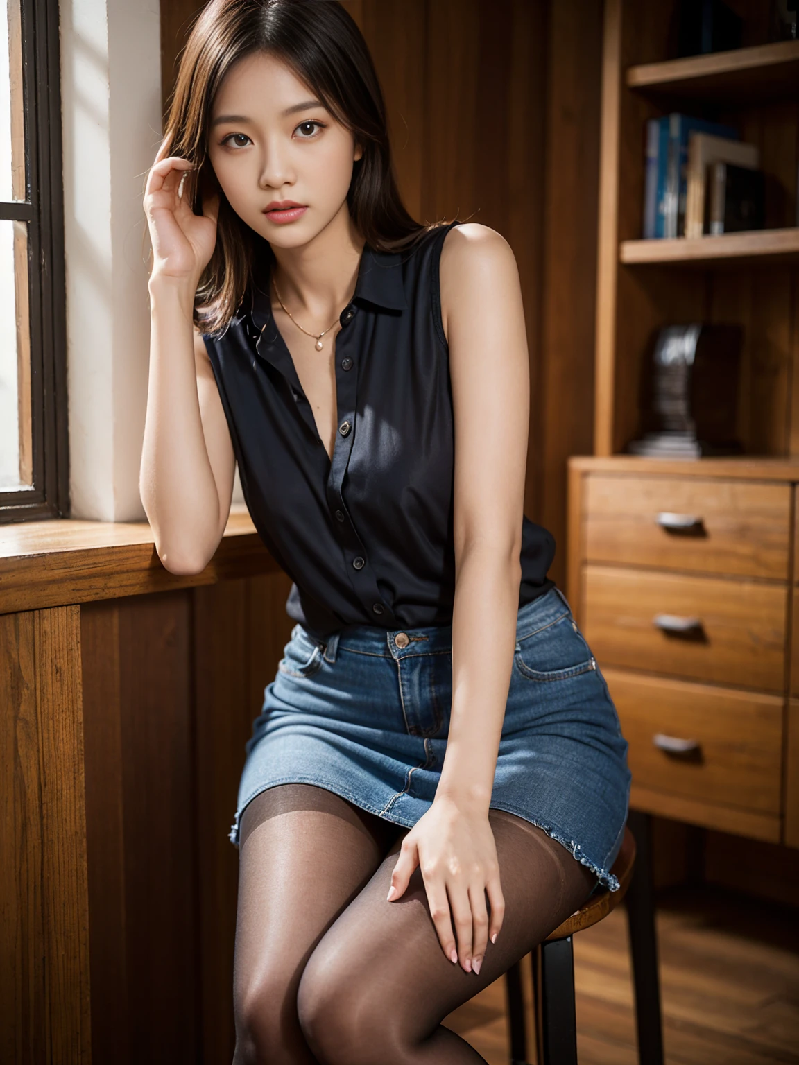 セレブFemale college student, Tight skirt and thighs、20age、height 162cm、、Conservative Fashion, (Wearing pantyhose,Realistic pantyhose)、Go to university、Wearing a high-end sleeveless shirt, Wear high-quality high heels、 Girl in see-through blouse, Wearing an elegant blouse, When you wear a very thin sleeveless shirt, Female college student, Sleeveless shirts and skirts, Wearing a silk sleeveless shirt, Wear a shirt and a short skirt, 、 RAW Photos, (8K、Highest quality、masterpiece:1.2)、(Intricate details:1.4)、(Photorealistic:1.4)、Octane Rendering、Complex 3D rendering with ultra-detail, Soft studio light, Rim Light, Vivid details, Super Detail, Realistic skin textures, Face in detail, Beautiful details in the eyes, Highly detailed CG Unity 16k wallpaper, compensate, (Detailed Background:1.2), Exposed thighs!!!Raise the skirt with both hands、Panties visible through pantyhose