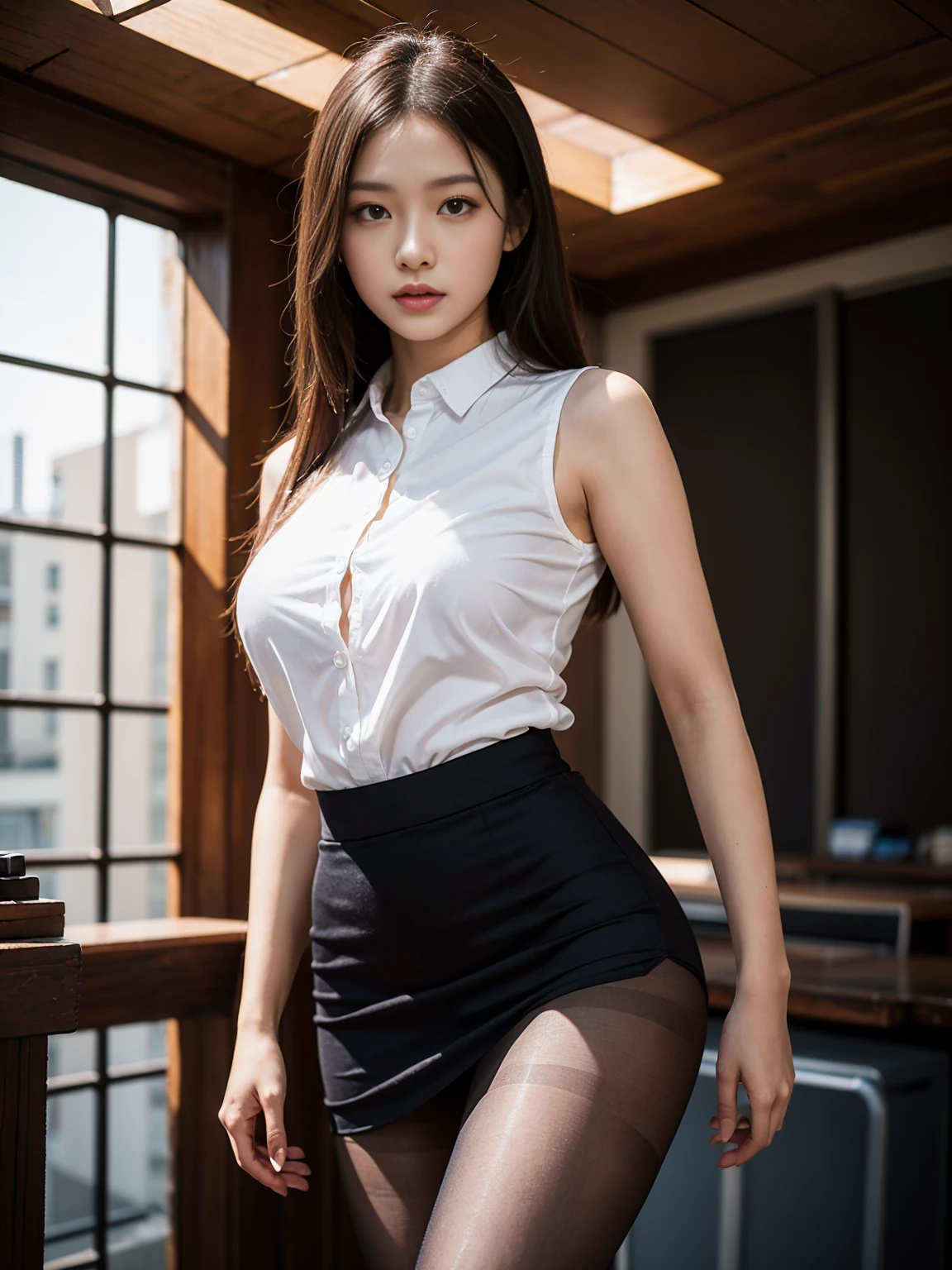 セレブFemale college student, Tight skirt and thighs、20age、height 162cm、、Conservative Fashion, (Wearing pantyhose,Realistic pantyhose)、Go to university、Wearing a high-end sleeveless shirt, Wear high-quality high heels、 Girl in see-through blouse, Wearing an elegant blouse, When you wear a very thin sleeveless shirt, Female college student, Sleeveless shirts and skirts, Wearing a silk sleeveless shirt, Wear a shirt and a short skirt, 、 RAW Photos, (8K、Highest quality、masterpiece:1.2)、(Intricate details:1.4)、(Photorealistic:1.4)、Octane Rendering、Complex 3D rendering with ultra-detail, Soft studio light, Rim Light, Vivid details, Super Detail, Realistic skin textures, Face in detail, Beautiful details in the eyes, Highly detailed CG Unity 16k wallpaper, compensate, (Detailed Background:1.2), Exposed thighs!!!Raise the skirt with both hands、Panties visible through pantyhose