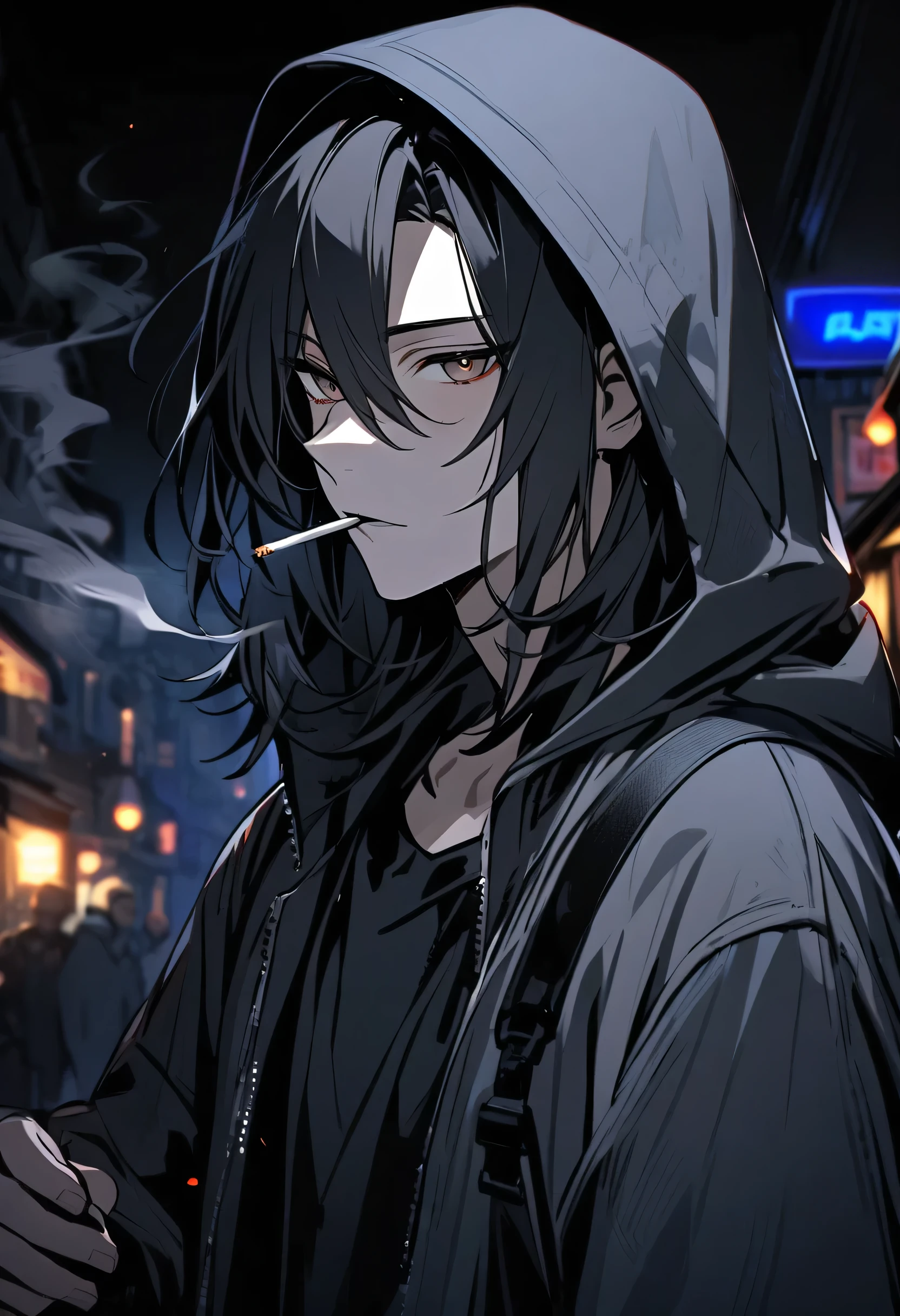 Beautiful, One, 1 man, black hair with smoky gray tips, Brown eyes, black shirt, Black and white with hood, smoking, night, black light