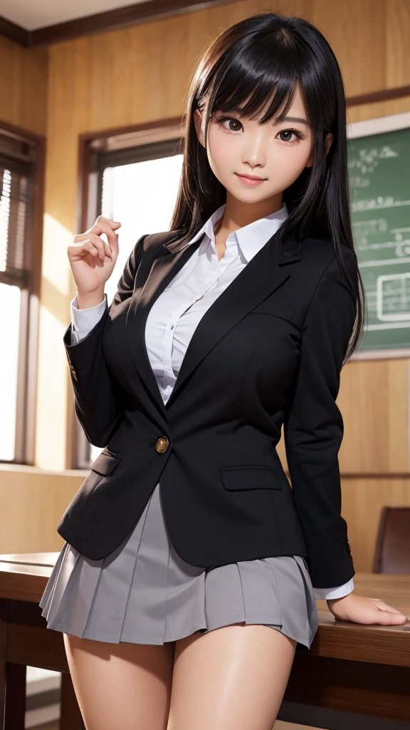 ((high quality)), ((Tabletop)), (Detailed face), (highlight), Asian Girl、Big breasts、thigh、Black Hair、Heavy bangs、high school girl、skirt、blazer、