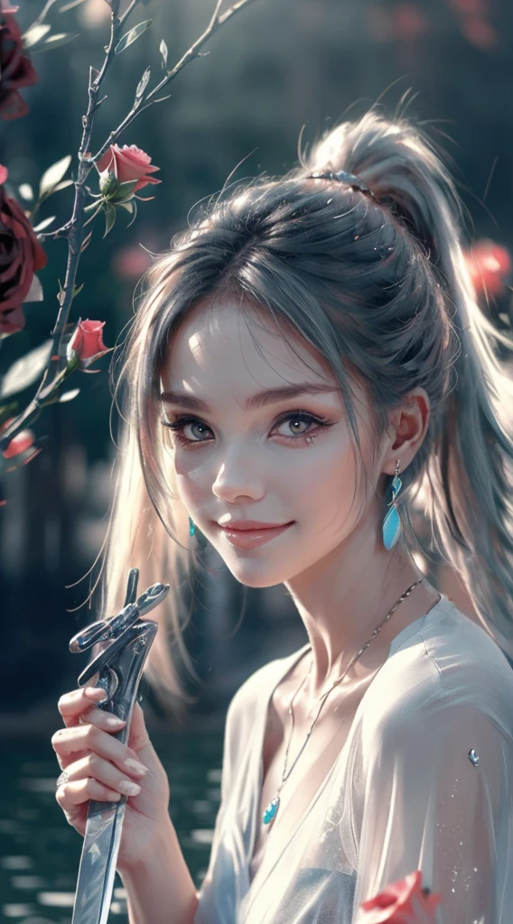 Garden covered with red roses in the background, Silver hair, front ponytail, eyes reflection, red contact lenses, Pink eyes,Heterochromia， Wear earrings, Blue crystal pendant，Evil smile, shairband，High detail, romanticism lain, Depth of field, Sparkle, Ray tracing, viewfinder, zoom layer, Close-up, Bokeh, Anatomically correct, High details, 1080p, Ultra HD
Woman，High ponytail，a sailor suit,Half out of the water，Get wet，Clothing water pattern detail，The expression is solemn，holding knives，Shiny blade detail depiction，reflective light，
Gorgeous and delicate glowing little butterfly hair ornament，brilliant colorful，Fine engraving，Shine brightly，The attention to detail，The jewelry is of high quality，Extremely high image quality