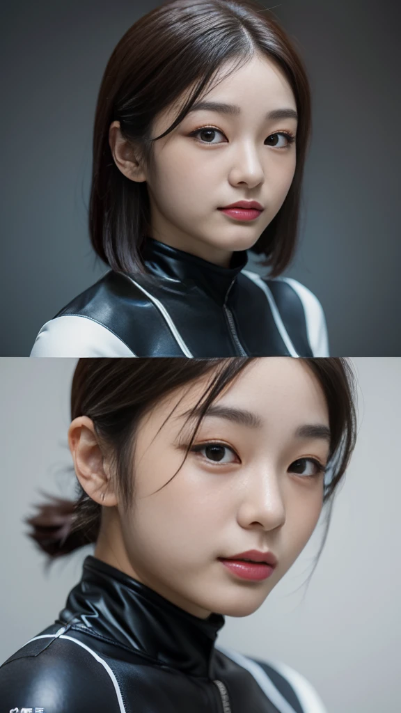 1 woman、Korean、Korean、cyberpunk suit、smooth rubber、tight suit、chest chuck、intricate details、high quality、(upscale:1.4)、Staring at me、ultra realistic 8k、Perfection face、perfection、clean、masterpiece、professional artwork、famous works、Perfection face、beautiful expression、beautiful eyes、short black hair、high heels、wet hair、very big breasts、best image quality、natural background、(focus on chest)、No pants, (RAW Photography:1.2)、top-quality、white, a beautiful detailed girl、tight water suit、latex wet suit, a smile、Twin-tailed、extremely detailed eye and face、beatiful detailed eyes、huge filesize、hight resolution、hight resolution、8k wallpapenely detail、Highly detailed ticker uniform 8k wallpaper、Light on the face、movie lighting、16-year-old girl、sexy pose、(photorealisim:1.4)、illustratio、surrealism、 frombelow、super detailing、​masterpiece