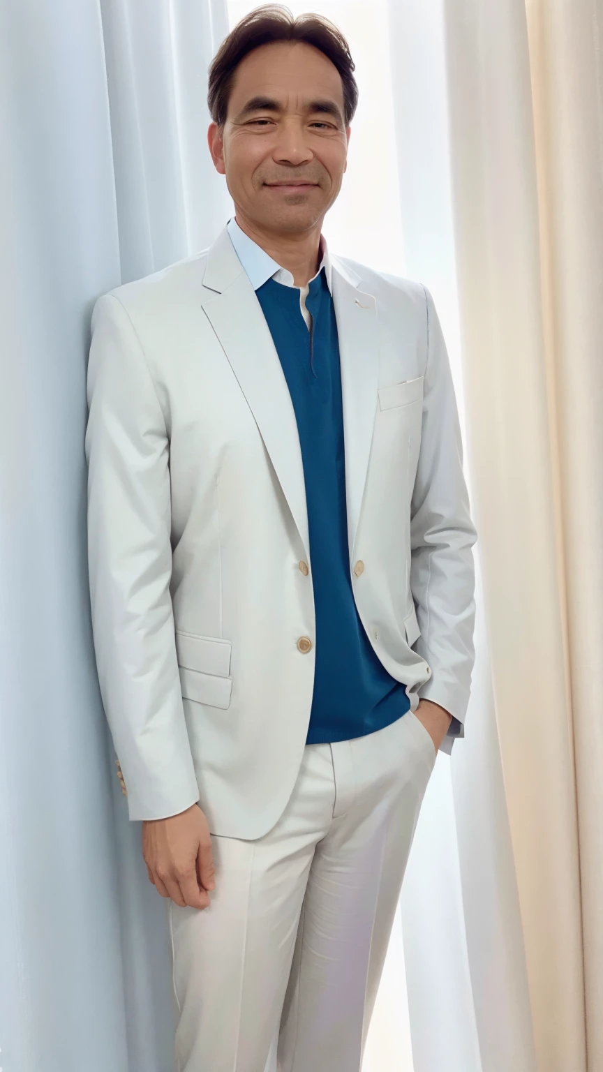 50 years old man， Soft headlights，High-density imaging，（The face is clear and delicate），((White suit))，((Light blue shirt))，((Various dynamic poses))，((Full body image))，((Smile))，((Background is white curtain))，best quality，masterpiece，（Soft colors：1.2）