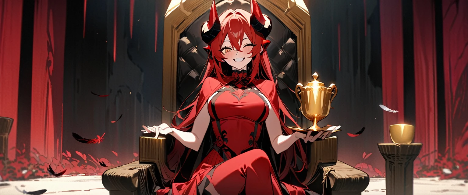 (((masterpiece,Highest quality))),((Smiling red-haired demon anime girl wearing a red one-piece dress and holding a golden cup while sitting on a throne)),((Feathers grow,Horns growing)),((The golden cup is overflowing with poison)),((Throne in the Wilderness of the Dead,Evil Laugh)),アニメ,b3ks1n