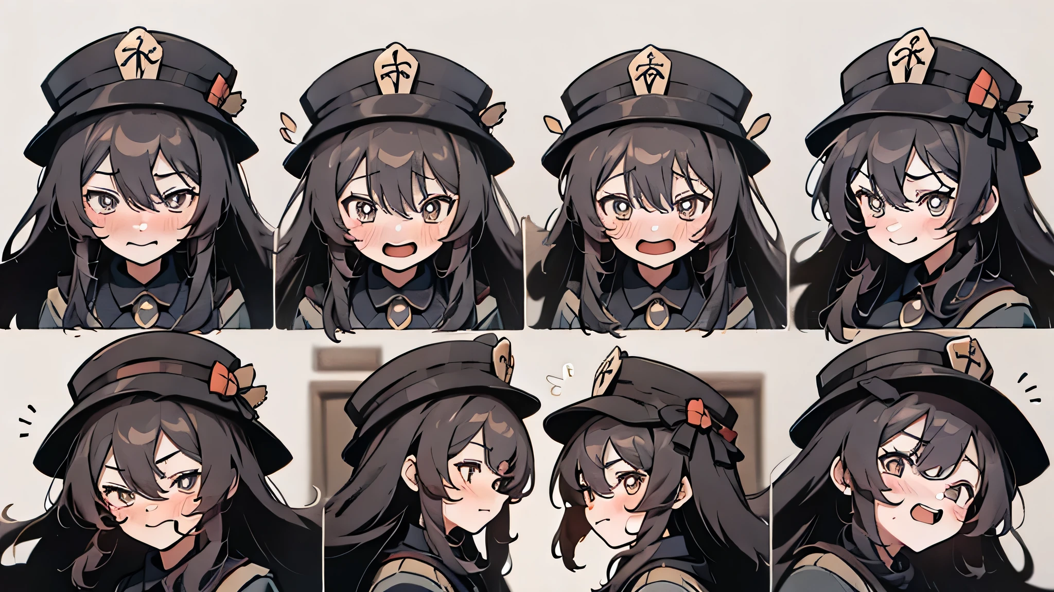 Genshin Impact Walnut,Black hat,Facial Expressions, Nine-grid,(((Crying face, Sad face, Excited face, Poker face,Various emotions,Different expressions))) , (((Detailed girl portrait table, Front diagram, side view, three quarter view))) (((White background)))