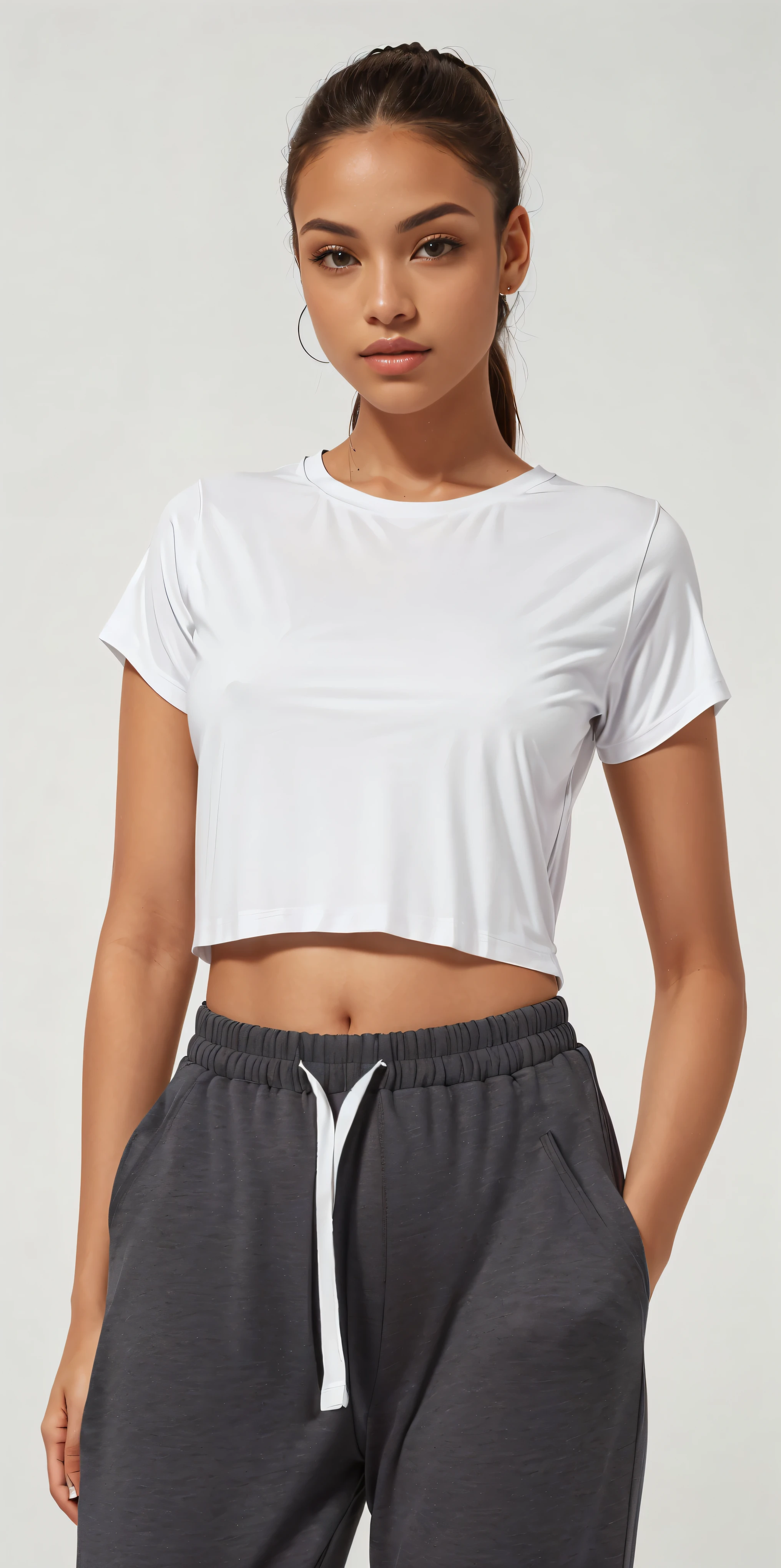 a woman wearing a white top cut and grey sweatpants, top cut, top cut, with torn t-shirt, wearing top cut, wearing a cropped tops, exposed belly, wearing a cropped top, White top, white undershirt, usando um top cropped sexy, plain white undershirt, casual outfit, wearing a top cut, vestido com uma white undershirt