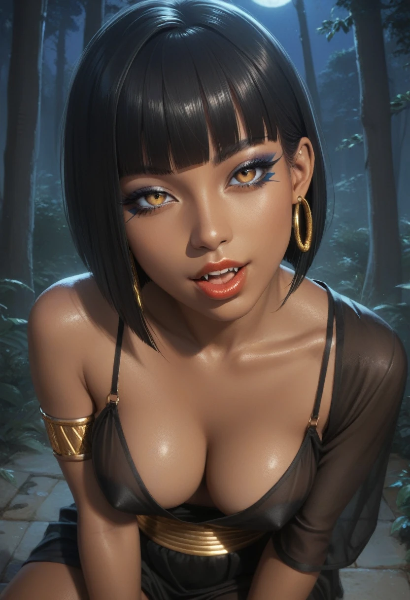 score_9, score_8_up, score_7_up, score_6_up, 1girl, solo, jewelry, rating: safe, brown_eyes, black_hair, lips, makeup, armlet, breasts, egyptian, egyptian_clothes, dark_skin, nose, earrings, gold, lipstick, cleavage, realistic, looking_at_viewer, medium_breasts, open_mouth, oral_invitation, piercing, gyaru, blunt_bangs, bangs, bob_cut, vampire, long_fangs, (from_above:1.3), downblouse, dark, silk, see-through, blood_from_mouth, black_robe, forest, night, moonlight