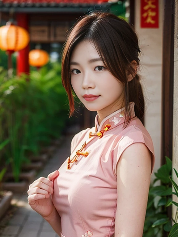 A woman wearing a Chinese dress、She is posing with a traditional Chinese garden as a backdrop。There are red lanterns and bamboo in the background.、Let the elegance and beauty of a woman shine through。