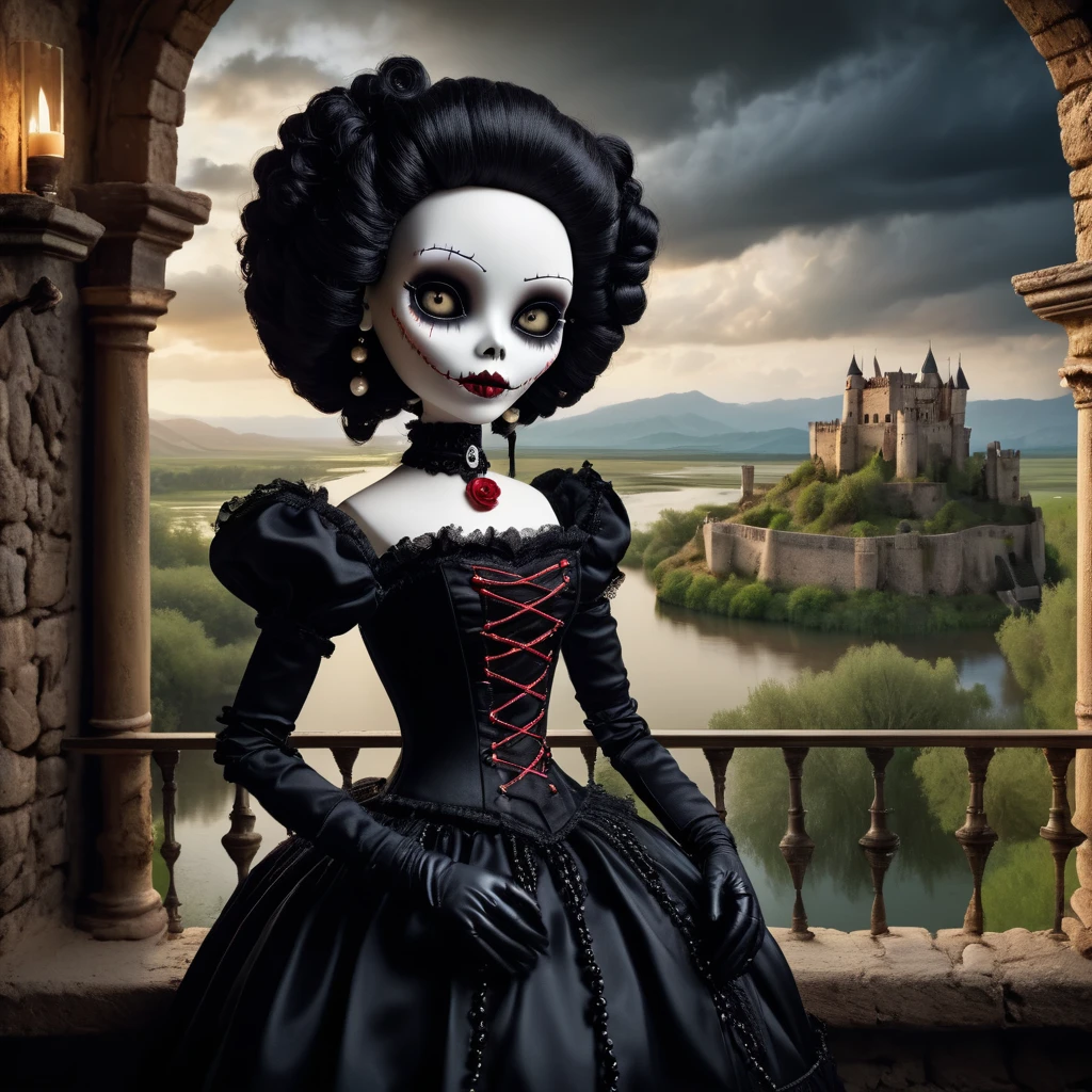 (knitted toy voodoo doll: 1.2), (Voodoo Countess of Darkness: 1.3), (Clothing Luxurious black dress with a corset, long gloves, pearl strings: 1.0), (in the background Balcony of an ancient castle, view of the flooded lands, gloomy mountains on the horizon: 1.3), best quality, masterpiece, detailed soft oil painting, detailed background, dramatic cinematic lighting, soft edge lighting, professional, dramatic lighting, hard edge lighting, ultra quality, 4k, masterpiece, best quality, 8k, ultra high definition, high definition, extremely detailed