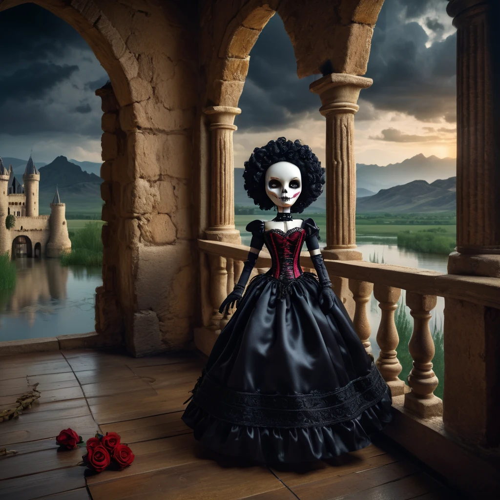 (knitted toy voodoo doll: 1.2), (Voodoo Countess of Darkness: 1.3), (Clothing Luxurious black dress with a corset, long gloves, pearl strings: 1.0), (in the background Balcony of an ancient castle, view of the flooded lands, gloomy mountains on the horizon: 1.3), best quality, masterpiece, detailed soft oil painting, detailed background, dramatic cinematic lighting, soft edge lighting, professional, dramatic lighting, hard edge lighting, ultra quality, 4k, masterpiece, best quality, 8k, ultra high definition, high definition, extremely detailed