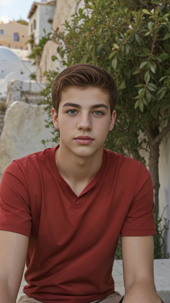Handsome boy red shirt 17 years old green eyes attractive Greek boy Green eyes attractive greek boy 