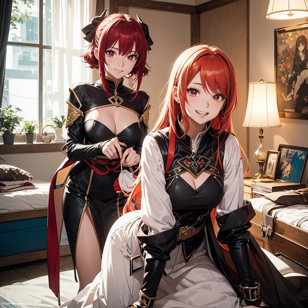 two beautiful young women, anime style, detailed faces, red hair, red eyes, delicate features, soft lighting, wearing rogue cosplay outfits, leather armor, cloaks, playful expressions, laughing and having fun, cozy and well-decorated bedroom, one sitting on the bed, the other standing nearby, various cosplay accessories scattered around, vibrant and inviting room lighting, dynamic pose, Japanese anime style, high quality, highly detailed, 8k resolution, cinematic lighting, best quality, vibrant colors, Instagrammable, aesthetic, trendy