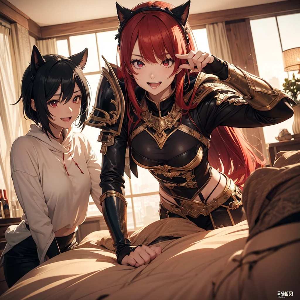 two beautiful young women, anime style, detailed faces, red hair, red eyes, delicate features, soft lighting, wearing rogue cosplay outfits, leather armor, cloaks, playful expressions, laughing and having fun, cozy and well-decorated bedroom, one sitting on the bed, the other standing nearby, various cosplay accessories scattered around, vibrant and inviting room lighting, dynamic pose, Japanese anime style, high quality, highly detailed, 8k resolution, cinematic lighting, best quality, vibrant colors, Instagrammable, aesthetic, trendy