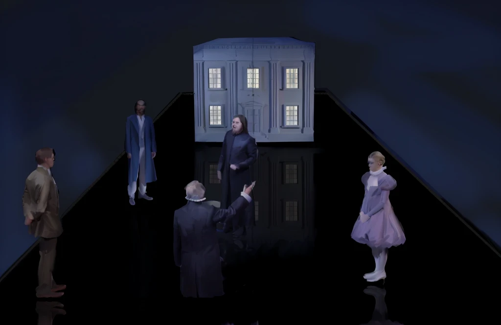 Stage concept scene, White house 3D scene，Gottfried Hellwin (Gottfried Helnwein) of inspiration, The back of the scene design element, Opening, Inspired by Anna Füssli, Video Stills, Inspired by Hugo Simberg, Inspired by Pietro Longhi, author：Thomas Dalziel, A dramatic scene