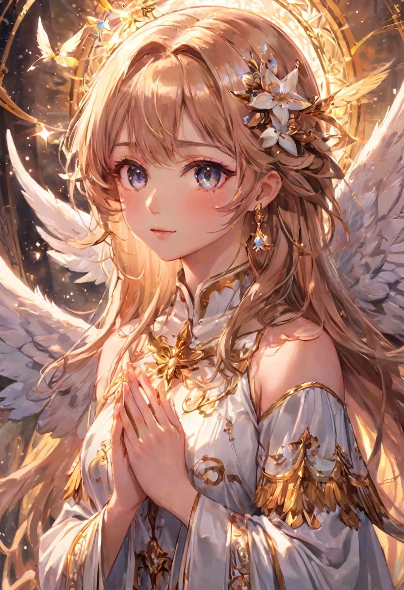 Anime Style, (Surrealist:1.2), beautiful, Master Parts, Highest quality, Highly detailed face, Perfect lighting, Nice hands, Perfect Arms, An angel shining with a sacred and heavenly splendor, (Heavenly Being:1.2), (Calm expression), (Majestic Wings), (Mysterious glow:1.1), (Peaceful and comfortable), (Superb beauty), (God&#39;s Grace), (A symbol of purity), (Golden Halo), (An uplifting atmosphere), (Kingdom of Heaven), (Spiritual Lighting), (Soft and protective), (Illumination light:1.2), (Angelic figures), (Harmony and tranquility), (Angel Robe), (Timeless and heavenly), (Captivating aura), (Healing and guidance)