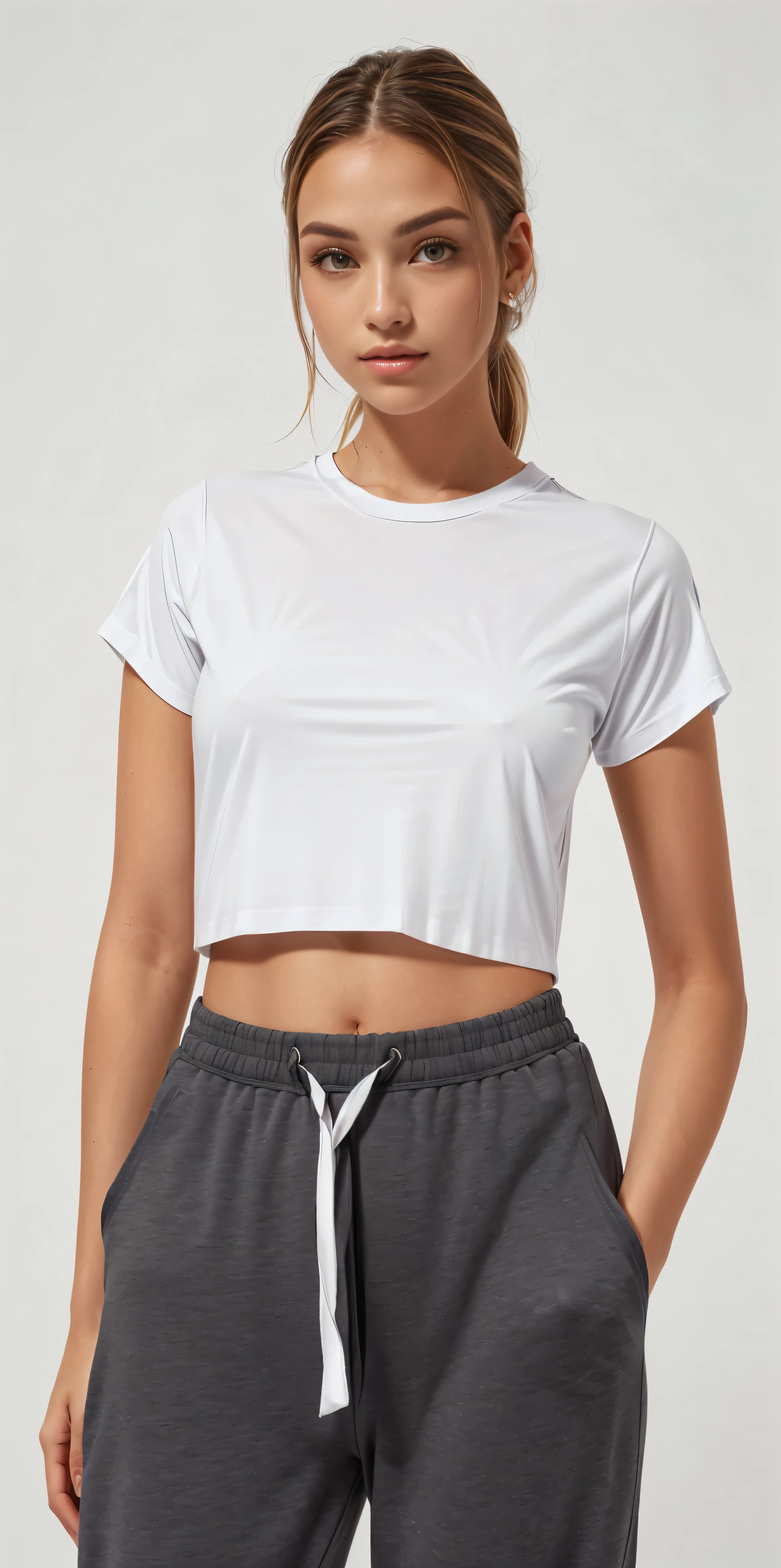a woman wearing a white top cut and grey sweatpants, top cut, top cut, with torn t-shirt, wearing top cut, wearing a cropped tops, exposed belly, wearing a cropped top, White top, white undershirt, usando um top cropped sexy, plain white undershirt, casual outfit, wearing a top cut, vestido com uma white undershirt