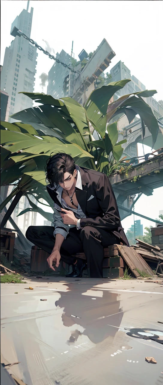(masterpiece, best quality, highres, ultra-detailed), 1man, male focus, spiky black hair, grey eyes, handsome, detailed eyes and face, male body, earrings, ear piercing, unbuttoned black blazer, white shirt, trousers, bare collarbones, chain necklace, city slums background, by amano akira, full body, cigarette, cigarette smoke, guy smoking,1guy, masterpiece