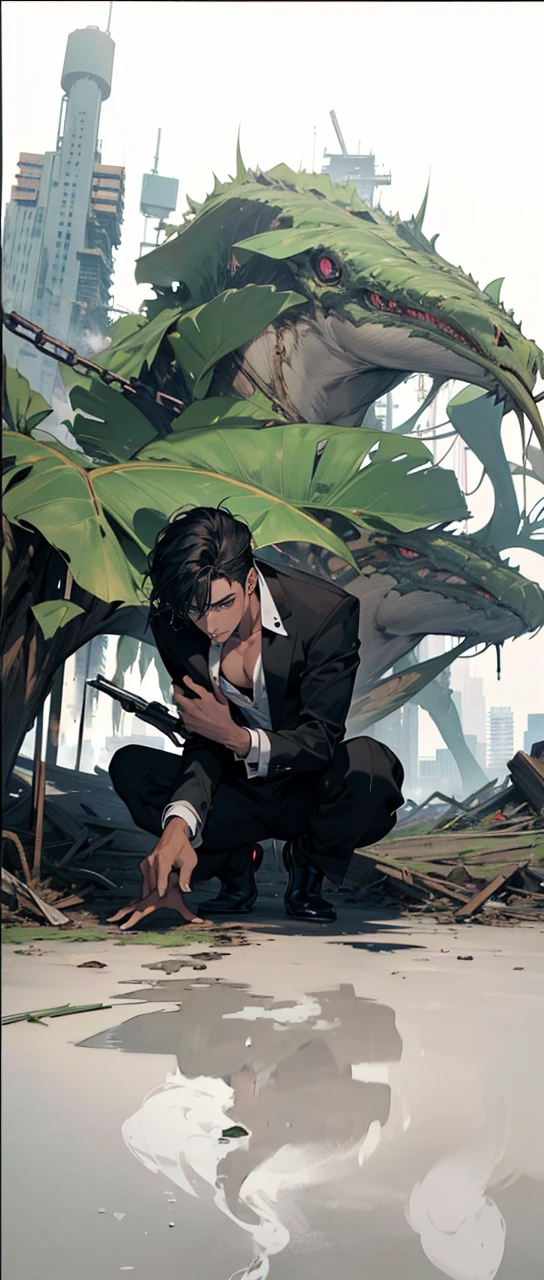 (masterpiece, best quality, highres, ultra-detailed), 1man, male focus, spiky black hair, grey eyes, handsome, detailed eyes and face, male body, earrings, ear piercing, unbuttoned black blazer, white shirt, trousers, bare collarbones, chain necklace, city slums background, by amano akira, full body, cigarette, cigarette smoke, guy smoking,1guy, masterpiece