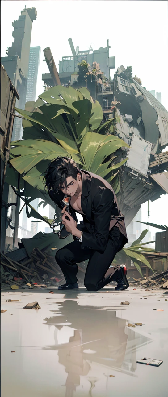 (masterpiece, best quality, highres, ultra-detailed), 1man, male focus, spiky black hair, grey eyes, handsome, detailed eyes and face, male body, earrings, ear piercing,  unbuttoned black blazer, white shirt, trousers, bare collarbones, chain necklace, city slums background, by amano akira, full body, cigarette, cigarette smoke, guy smoking,1guy, masterpiece