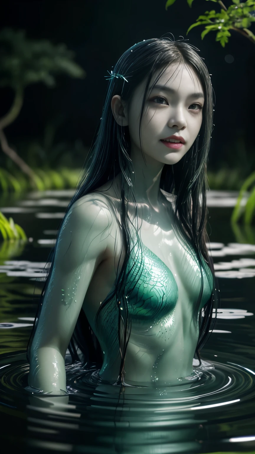 zrpgstyle, from_side from_below beautiful scary woman made of water (sadness expression:1.2), asian pretty face, asian ((skinny body)), (charming wide smile, sharp teeth), asian drowned young girl, europe drowned girl, (monstergirl)(gray green skin), mermaid, woman with (long water hair:1.2) rising out of the water moss smoke, (green vines over body), (fish scales over body), churning water fireflies midnight moonlight backlight (masterpiece:1.2) (best quality) (detailed) (intricate) (8k) (HDR) (wallpaper) (cinematic lighting) (sharp focus)