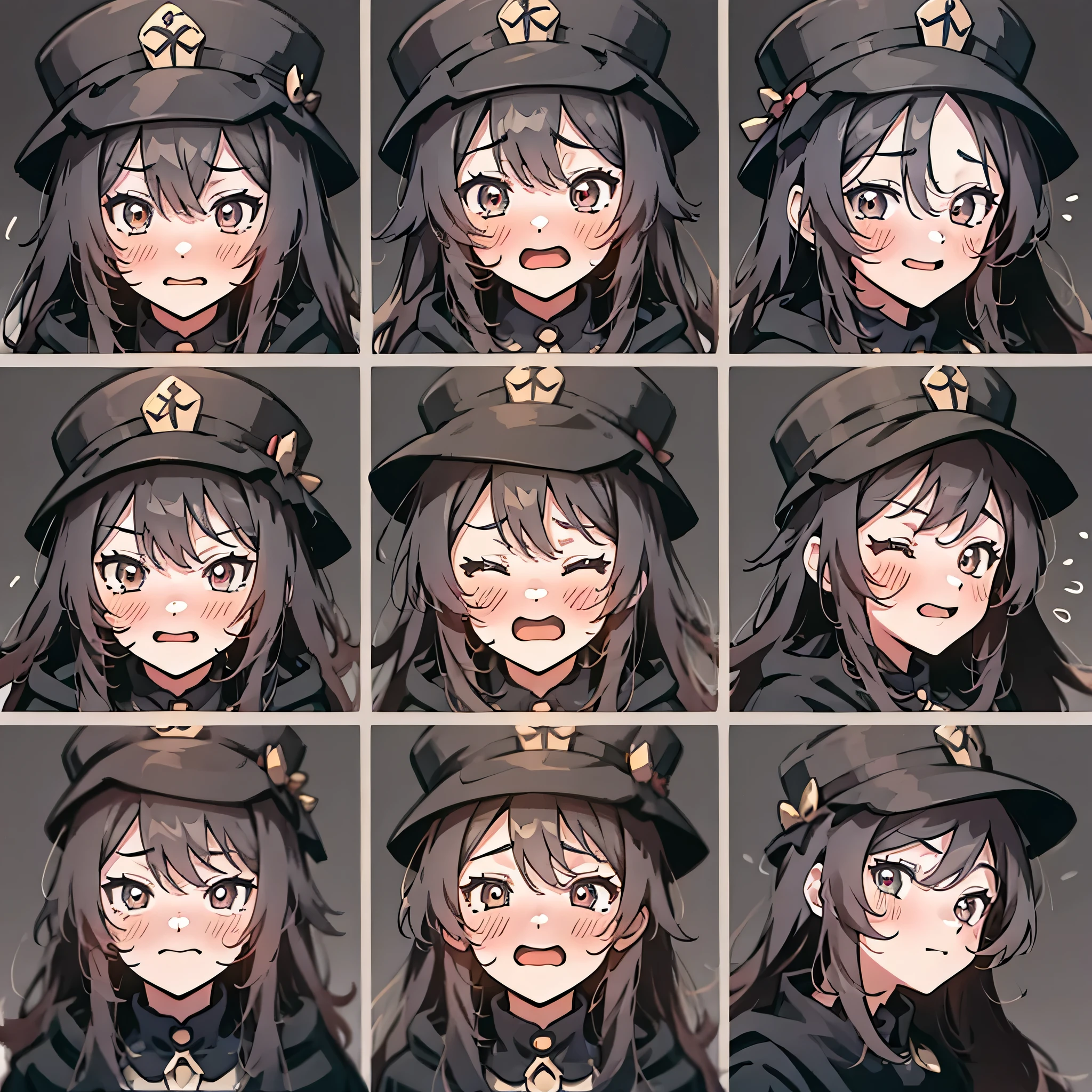 Genshin Impact Walnut,Black hat,Facial Expressions, Nine-grid,(((Crying face, Sad face, Excited face, Poker face,Various emotions,Different expressions))) , (((Detailed girl portrait table, Front diagram, side view, three quarter view))) (((White background)))