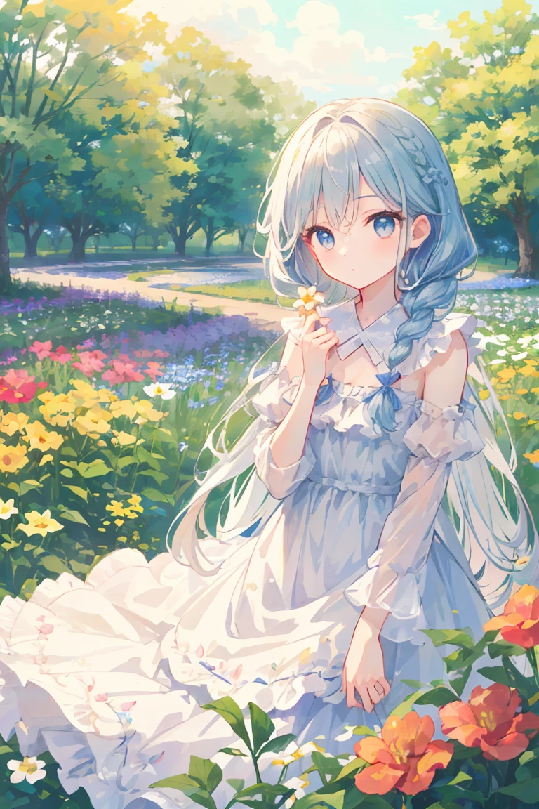 On the table, best quality,illustration, wallpaper, Ultra Detailed, Absurd Beauty、1 beautiful girl、 (Semi-long hair、Short braided hair), Beautiful and delicate eyes , Hair blowing in the wind、Keep your head small、Flower Field、Great Outdoors、Garden view
