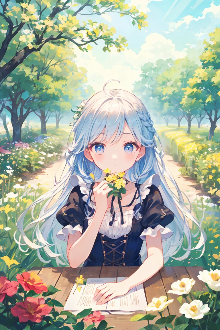 On the table, best quality,illustration, wallpaper, Ultra Detailed, Absurd Beauty、1 beautiful girl、 (Semi-long hair、Short braided hair), Beautiful and delicate eyes , Hair blowing in the wind、Keep your head small、Flower Field、Great Outdoors、Garden view