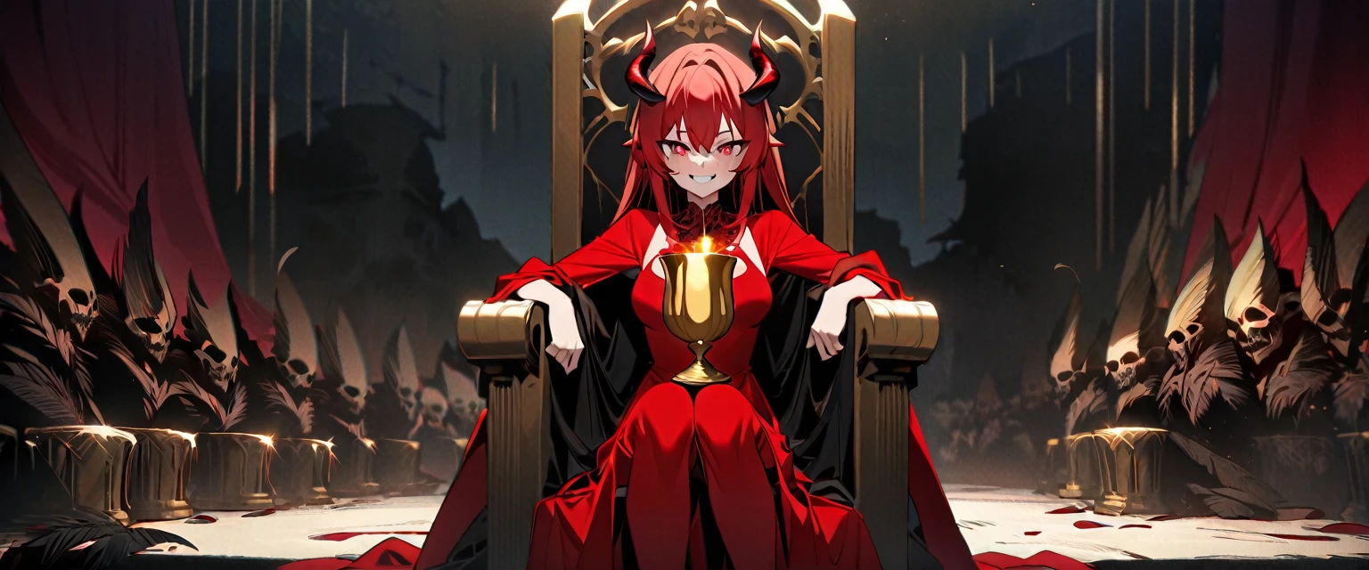 (((masterpiece,Highest quality))),((Smiling red-haired demon anime girl wearing a red one-piece dress and holding a golden cup while sitting on a throne)),((The golden cup is overflowing with poison)),((A throne in the wilderness of the dead,Evil Laugh)),アニメ,b3ks1n