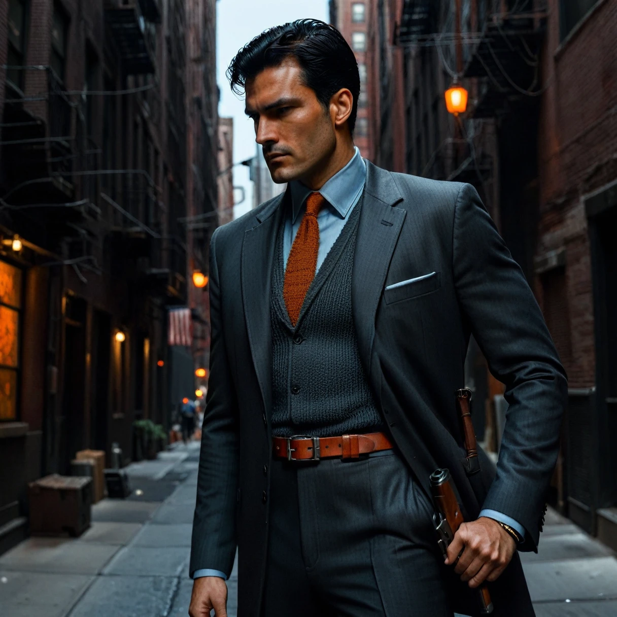 photorealistic, cinematic, raw photo, low angle shot, man, mature, black hair, short side part hairstyle, clean shaven, tall, thin, scar on cheek, wearing dark grey two piece suit, light blue shirt, rust orange knitted necktie, black leather belt, shoots a gun in a New York city alley, summer, night, dim lighing