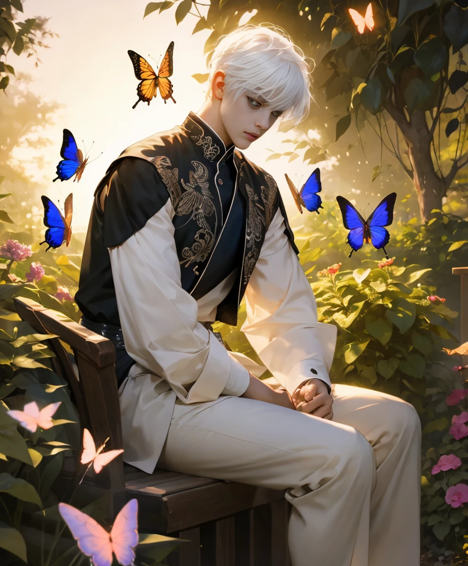 dynamic angle, splash art, high definition, full body, guy with white hair, sitting, surrounded by butterflies in a garden, soft boy, short hair, sunset lighting, dramatic lighting, looking at camera, young boy, light on face